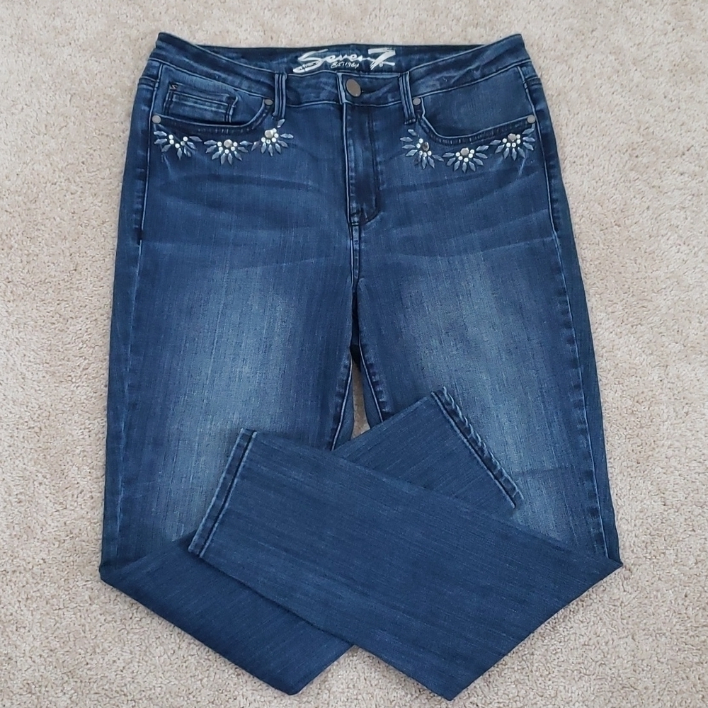 Seven7~Woman Size 12~Blue Denim Mid Rise Skinny Jeans Stretch Embellished.